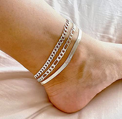 Dainty Ankle Bracelets for Women Waterproof | Layered Gold Plated Tennis Cuban Snake Rope Paperclip Beaded Link Chains Set, Summer Beach Jewelry Gift - color: Silver Anklet B