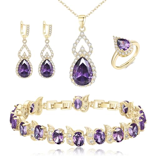 Wedding Jewelry Set for Women Bride Bridesmaid | Gorgeous Cubic Zirconia Teardrop Necklace Earrings Bracelet Adjustable Ring Jewelry Gift for Birthday/Anniversary - color: 07-Purple Gold-Tone