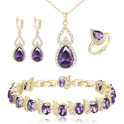 Wedding Jewelry Set for Women Bride Bridesmaid | Gorgeous Cubic Zirconia Teardrop Necklace Earrings Bracelet Adjustable Ring Jewelry Gift for Birthday/Anniversary - color: 07-Purple Gold-Tone