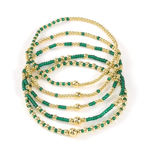 Gold Small Ball Seed Bead Stackable Bracelets Set For Women, Stretch Accessories Handmade Dainty, Daily Party Friendship Gift - color: Green