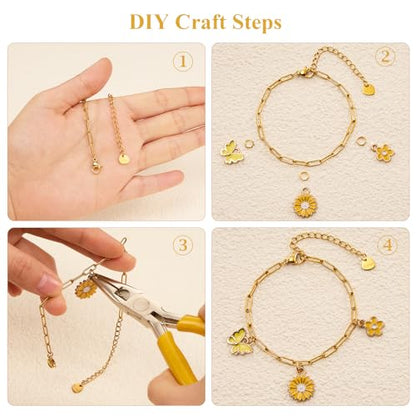 KYUNHOO 10pcs 6.7 Inches Gold Plated Paperclip Chain for Bracelet Making | Stainless Steel Jewelry Supplies for Bracelet DIY with Lobster Clasps and Chain Extension - color: round paperclip gold