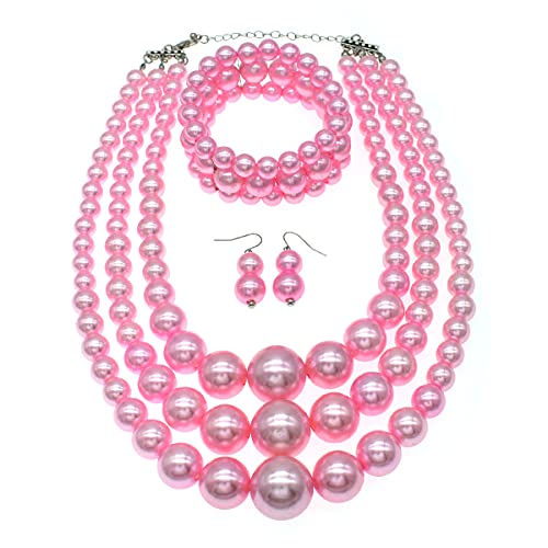 JNF Faux Pearl Statement Necklaces Big Beaded Necklace for Women Chunky Pearls Necklace and Earring Set Large beads Costume Necklace - color: Pink pearl necklace