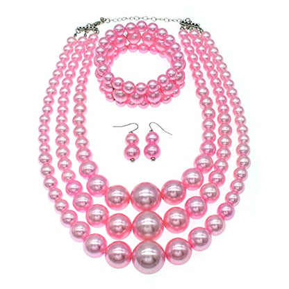 JNF Faux Pearl Statement Necklaces Big Beaded Necklace for Women Chunky Pearls Necklace and Earring Set Large beads Costume Necklace - color: Pink pearl necklace