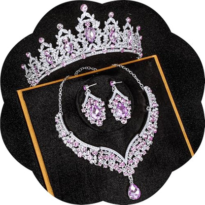 Crowns and Tiaras jewelry sets for Wedding princess birthday party Halloween Prom Pageant Jewelry for Women Crystal Bridal Jewelry Set for women - color: Silver purple