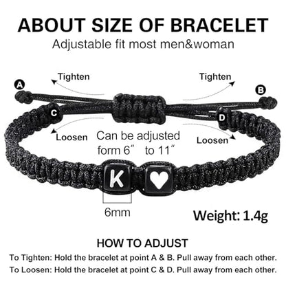 Valentines Day Gifts for Him Her Heart Love Letter Initial Matching Couple Bracelets for Women Men Teen Gifts Best Friend Graduation Birthday Gifts A-Z Braided Bracelet Son Daughter Dad Jewelry - color: Black-K