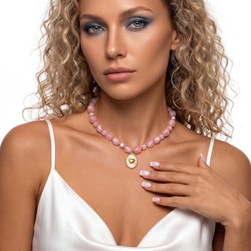 Chunky Beaded Necklaces for Women Trendy Colorful Acrylic Bead Statement Necklace Puffy Heart Pendent Necklaces for Women Boho Fashion Jewelry - color: K-pink
