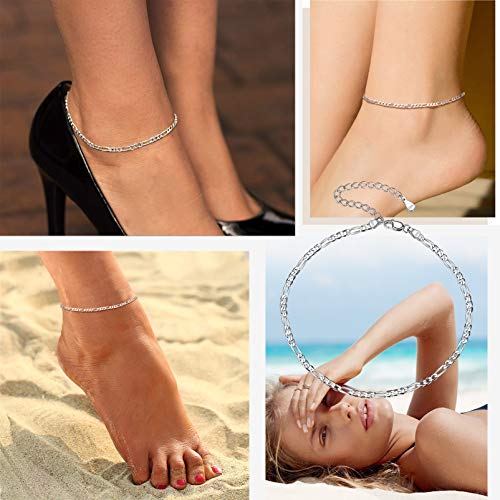 PROSILVER 925 Sterling Silver Ankle Bracelets For Women, Stylish Chain Anklets, Summer Beach Jewelry, 8.6-10.6 Inch Adjustable, Come with Box - style: 03 Figaro Anklet-3mm