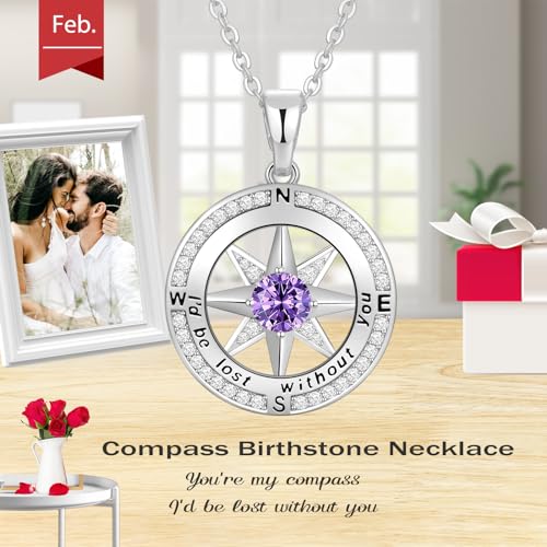 Peeshow Compass Birthstone Necklace for Women Wife, S925 Sterling Silver Gift for Wife Wedding Anniversary Birthday Gifts for Women Jewelry for Her Girlfriend I'd be Lost without You - style: 02-Feb-Amethyst