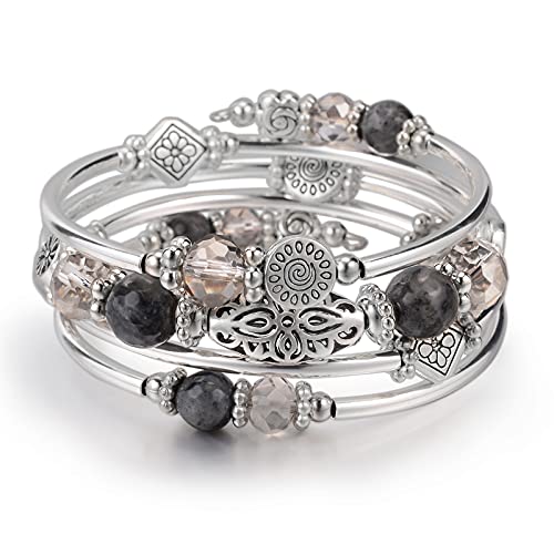 FULU AUTUMN Stackable Beaded Bracelets for Women Boho Wrap Silver Bracelet Layered Fashion Jewelry Gifts for Her - color: Grey