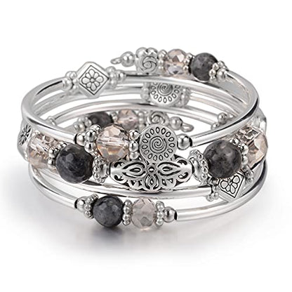 FULU AUTUMN Stackable Beaded Bracelets for Women Boho Wrap Silver Bracelet Layered Fashion Jewelry Gifts for Her - color: Grey