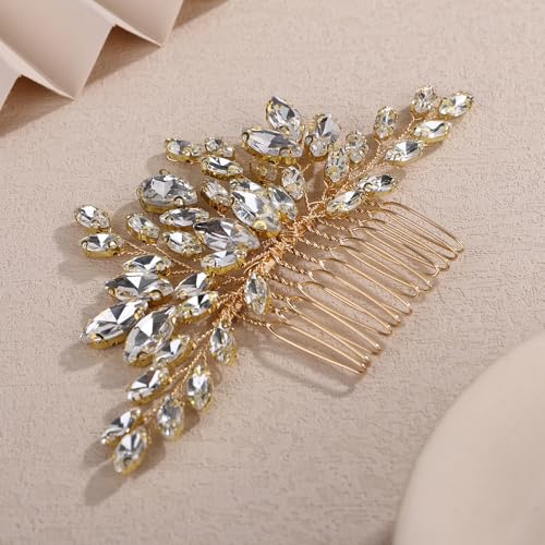 Teyglen Gold Crystal Wedding Hair Comb Full Rhinestone Hair Side Comb for Bride Wedding Headpiece Gold Teardrop Crystal Hair Piece Hair Accessories for Women Party Prom(Gold) - color: Gold