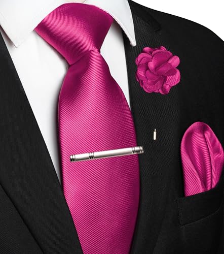 JEMYGINS Formal Necktie Solid Color Tie and Pocket Square with Tie Clip Lapel Pin Sets for Men 4PCS - color: Hot Pink
