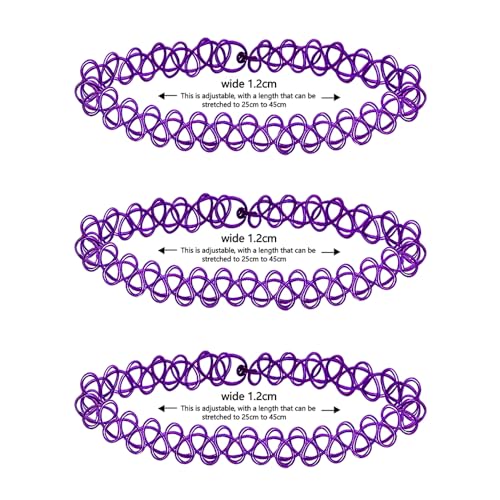 3PCS Black Tattoo Choker Necklace Rainbow Tattoo Chokers Gothic 90s Choker Necklace Purple Tattoo Choker and Pink Chokers 2000s Y2K Multicolour Collar Adjustable Stretchy Elastic Necklace Jewelry Gift for Women - color: 3PCS Purple