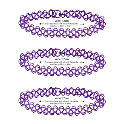 3PCS Black Tattoo Choker Necklace Rainbow Tattoo Chokers Gothic 90s Choker Necklace Purple Tattoo Choker and Pink Chokers 2000s Y2K Multicolour Collar Adjustable Stretchy Elastic Necklace Jewelry Gift for Women - color: 3PCS Purple