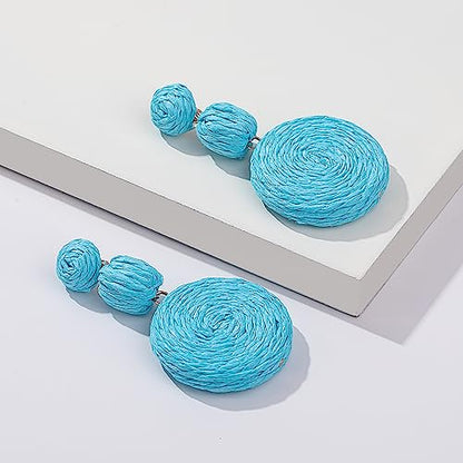 Statement Raffia Boho Round Dangle Ball Earrings - Cute Handmade Summer Bohemian Dangling Jewelry for Women - color: Blue