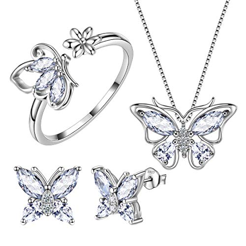 Aurora Tears Butterfly Jewelry,Women 925 Sterling Silver Butterflies Birthstone Pendant Necklace/Earrings/Rings Wedding Gift - color: D.April-set 2