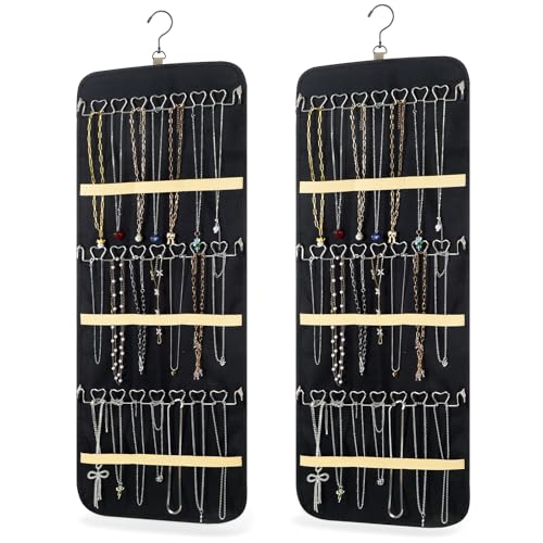 2 Pack Hanging Jewelry Organizer Storage with 48 Pockets and Hooks Dual-Sided Hanging Jewelry Organizers and Storage Hang on Closet, Wall, Door for Earrings, Necklaces, Rings,Blcak - color: Black