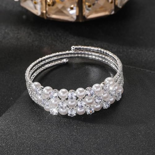 Gold Crystal Faux Pearl Beaded Bracelet for Women,Sparkling Rhinestone Layered Statement Cuff Bracelet Wedding Bridal Jewelry Accessories - color: Silver