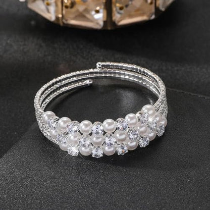 Gold Crystal Faux Pearl Beaded Bracelet for Women,Sparkling Rhinestone Layered Statement Cuff Bracelet Wedding Bridal Jewelry Accessories - color: Silver