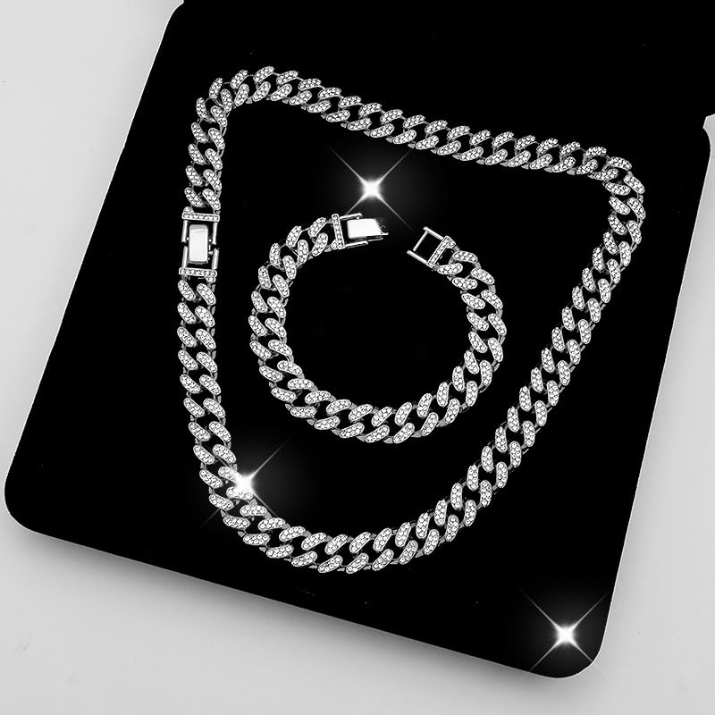 8 PcsCuban Link Chain jewelry sets for Woman with Rhinestone Necklace Bracelet Earrings Bling Diamond chunky Chain Jewelry - color: Silver B, size: 24inch