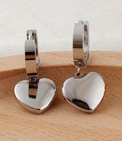Silver Hoop Earrings for Women Stainless Steel Heart Charm Huggie | Statement Jewelry