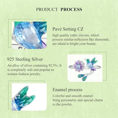 925 Sterling Silver Adjustable Open Ring for Women Trendy Jewelry Gift - color: Green bird