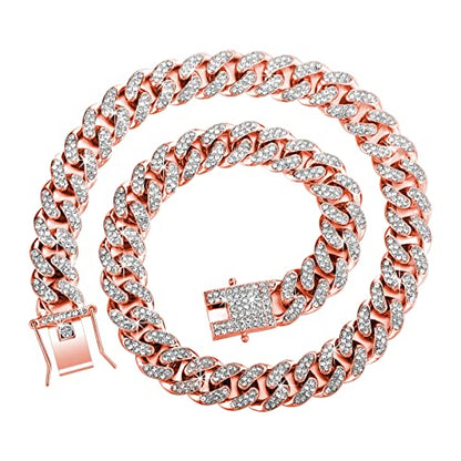 Hicarer 2 Pieces Cuban Link Chain for Men Women Cuban Necklace Bracelet Heavy Strong Link Chain Bling Unisex - color: Rose Gold, size: 17.72 Inch, 7.87 Inch