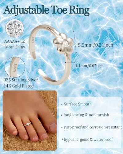 XAYAH 925 Sterling Silver Dainty Flower CZ Toe Ring for Women Daughter Mom | 14K Gold Plated Non Tarnish Stylish Toe Rings Waterproof Adjustable Summer Beach Party Foot Band Ring Wedding Jewelry Gifts - color: Silver