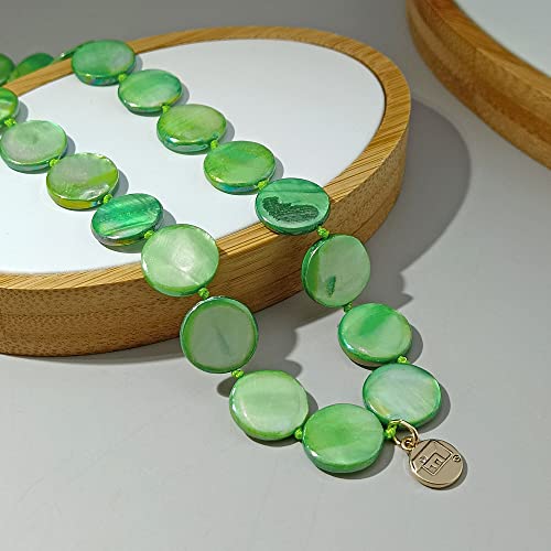 Firstmeet Flat Round Coin Shell Beads Long Knotted Necklace Natural Mother of Pearl Handmade Jewelry For Women - color: Green AB