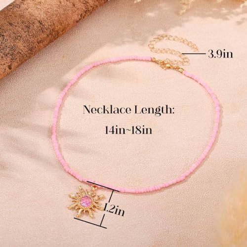 Tgirls Boho Beaded Choker Necklace Opal Bead Necklace Sun Pendant Summer Jewelry for Women - color: Pink