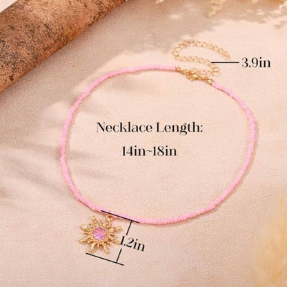 Tgirls Boho Beaded Choker Necklace Opal Bead Necklace Sun Pendant Summer Jewelry for Women - color: Pink