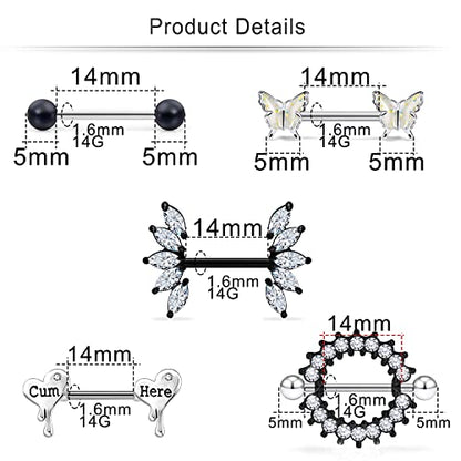 Cisyozi Butterfly Nipple Rings 14G Nipple Piercing Jewelry Stainless Steel Nipple Tongue Ring Barbell Piercing Jewelry for Women 14mm Silver Black Purple Rose Gold 7Pairs - color: 14G(1.6mm) Black Set