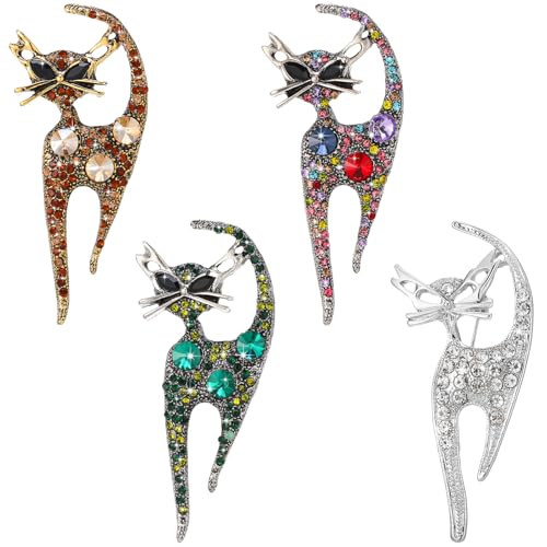 Highergo 4 Pcs Vintage Rhinestone Brooch Pin for Women Fashion Cute Colorful Crystal Brooches Lapel Pins Retro Aesthetic Jewelry for Girls Hats Collars Dress Birthday Party Jewelry Souvenir - style: Cat