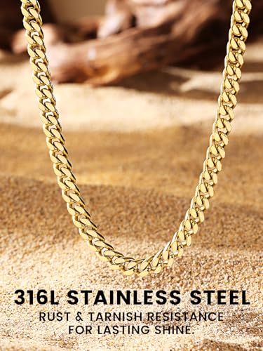 Bestyle Thick Stainless Steel Mens Cuban Link Chain, Black/Gold Chain for Men, No Tarnish & Durable Men Chain Necklace, 5/7/9/12mm Wide, 18"-30" Long, Gift Package - style: b. 5mm-Gold
