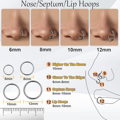 Nose Rings 20G 18G 16G 316L Surgical Steel Hinged Clicker Segment Nose Hoop Helix Cartilage Daith Tragus Sleeper Earrings Body Lip Piercing Jewelry for Women Men 6mm 7mm 8mm 10mm 12mm - style: 03:Black-18G*6/8/10/12mm(8pcs)