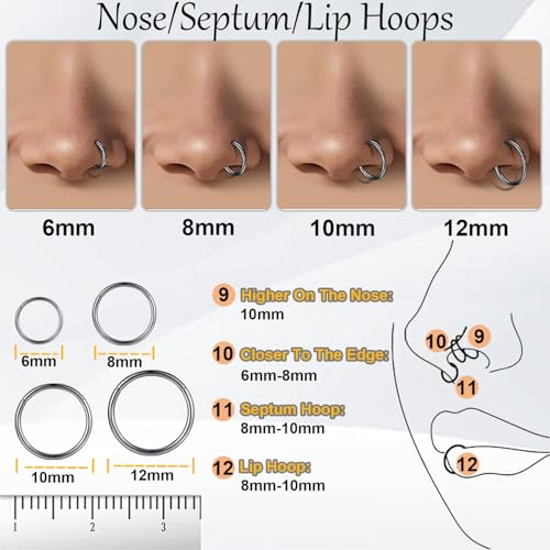 Nose Rings 20G 18G 16G 316L Surgical Steel Hinged Clicker Segment Nose Hoop Helix Cartilage Daith Tragus Sleeper Earrings Body Lip Piercing Jewelry for Women Men 6mm 7mm 8mm 10mm 12mm - style: 06:Black-20G*6/8/10mm(6pcs)