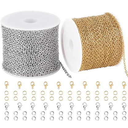 SMYHTGLIF Total 65.6 Feet Gold & Silver Jewelry Making Chains 2 Rolls Chain | Stainless Steel Chain for Jewelry Making Thin Oval Cable Chain Craft Chain Bulk Permanent Jewelry Findings - size: 2.6×2mm