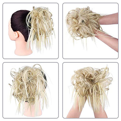 HMD Tousled Updo Messy Bun Hair Piece Ponytail Hairpieces for Women | Synthetic Hair Extension Ponytail with Elastic Rubber Band, Updo Hairpiece Hair Bun Scrunchies for Women Daily Party - color: 85H88# (Ash Blonde & Bleach Blonde）