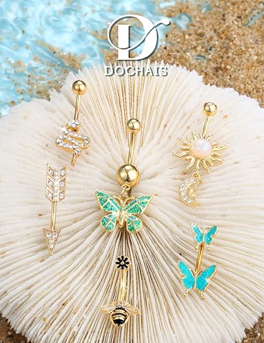 Dochais Belly Buton Rings Surgical Stainless Steel Belly Button Ring for Women Dangle Belly Button Rings Butterfly Cubic Zirconia Navel Barbell Body Piercing - color: Gold