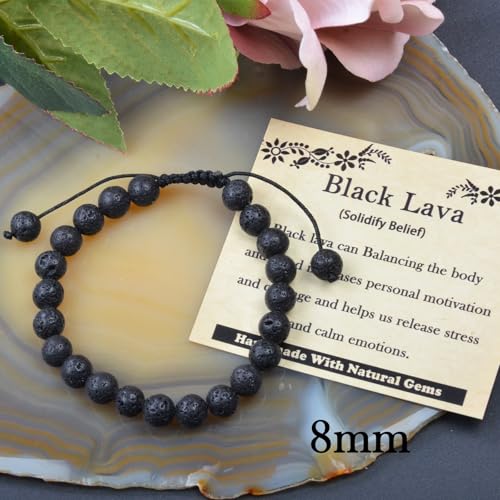 468Handmade Adjustable Natural Gemstone Crystal Bracelet Healing Power Energy Inspirational Gifts with Card for Unisex - color: 06-Black Lava(Solidify Belief), size: 8mm