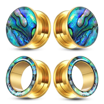 2 Pairs Abalone Pearl Shell Stainless Steel Ear Gauges Plugs and Tunnels, Size 2g - 1 inch Hypoallergenic Surgical Steel Ear Stretcher Expander Body Jewelry - color: BO1651 Gold, size: 22 mm (7/8 inch)