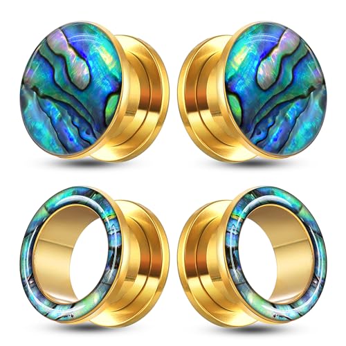 2 Pairs Abalone Pearl Shell Stainless Steel Ear Gauges Plugs and Tunnels, Size 2g - 1 inch Hypoallergenic Surgical Steel Ear Stretcher Expander Body Jewelry - color: BO1651 Gold, size: 16 mm (5/8 inch)