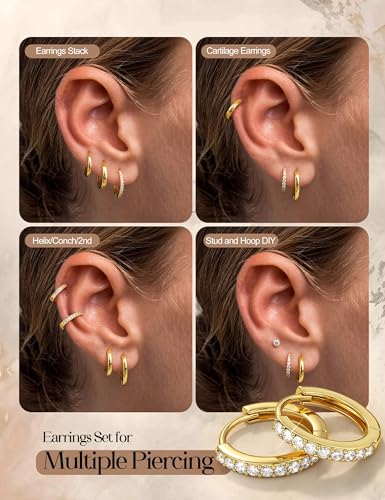 Jstyle Small Gold Hoop Earrings for Women, CZ/Plain Hoops Earring Stacks | Hypoallergenic Earing Hoops for Sensitive Ears, Secure Clasps, Huggie Earrings Stack Set for Cartilage, 14K Gold/Silver/Black - color: 14K Gold Plated