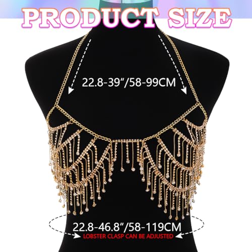 REETAN Rhinestone Fringe Bra Chain Gold Fashion Rave Body Jewelry for Women