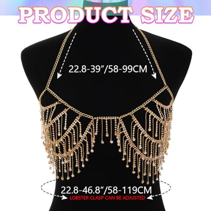 REETAN Rhinestone Fringe Bra Chain Gold Fashion Rave Body Jewelry for Women