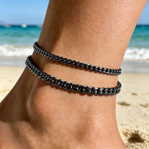 Silver Ankle Bracelets for Women Waterproof Stainless Steel Anklet Adjustable Layered Cuban Silver Anklets Set Summer Beach Foot Jewelry Gift - color: Cuban black
