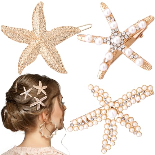 PAGOW 3 PCS Starfish Hair Clips, 3 Styles Gold Rhinestone Pearls Hair Clips, Faux Pearl Crystal Sea Star Wedding Headpiece Hair Accessories For Women Bride - color: 3pcs-gold,style3