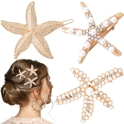 PAGOW 3 PCS Starfish Hair Clips, 3 Styles Gold Rhinestone Pearls Hair Clips, Faux Pearl Crystal Sea Star Wedding Headpiece Hair Accessories For Women Bride - color: 3pcs-gold,style3