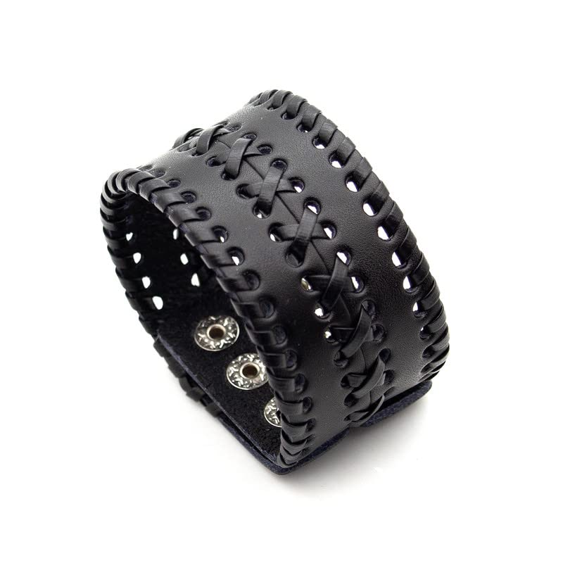 Punk Rock Wide Cuff Wristband Braided Leather Bracelet - color: Black