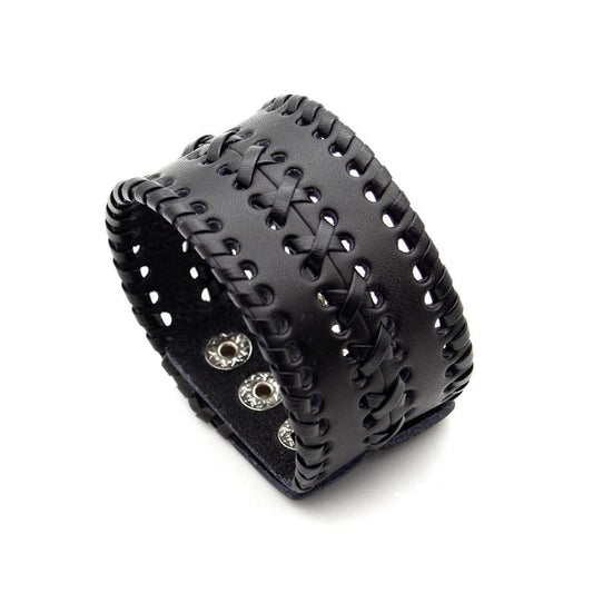 Punk Rock Wide Cuff Wristband Braided Leather Bracelet - color: Black